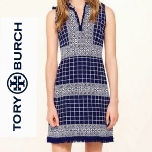 Tory Burch Navy and White tweed sleeveless Carlsbad sheath collared dress
Size 2